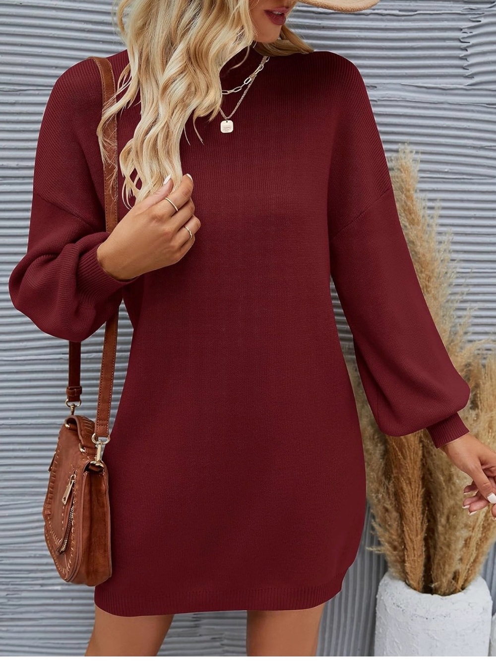 NWT ZESICA Wine Puff Sleeve Bodycon Mini Sweater Dress Small